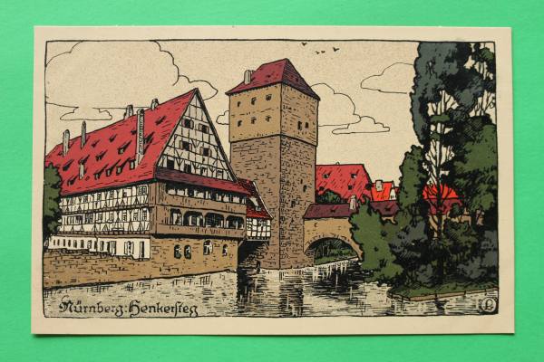 AK Nürnberg / 1910-20 / Litho / Henkersteg / Fachwerkhaus / Künstler Steinzeichnung Stein-Zeichnung / Monogramm L